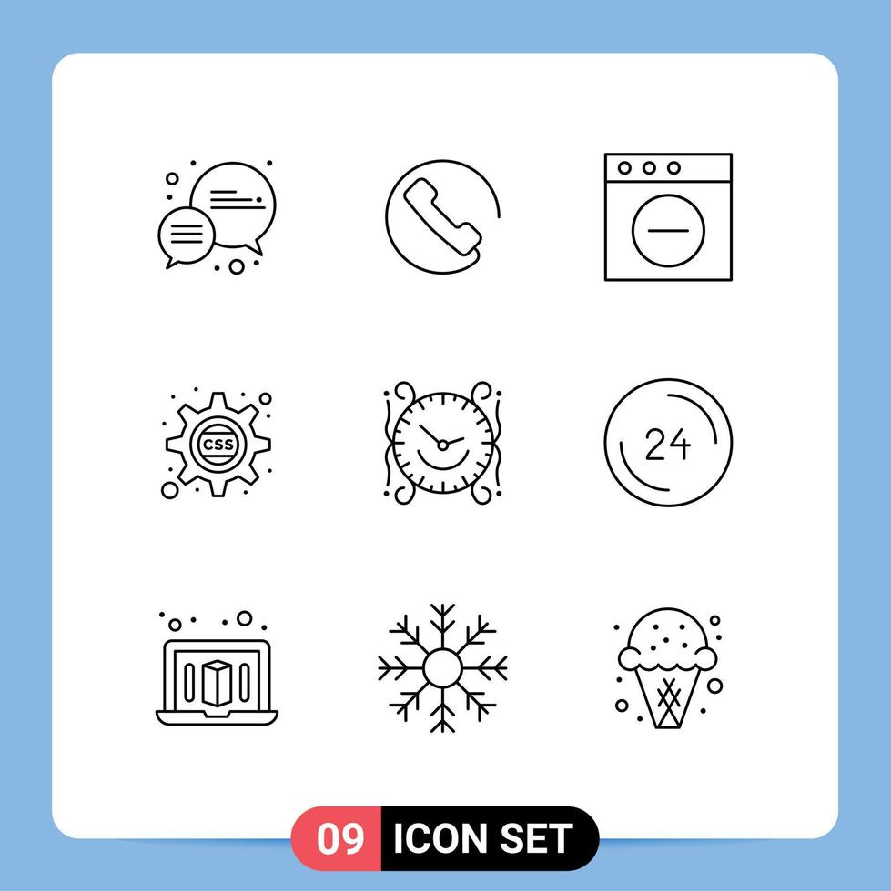 Pack of 9 creative Outlines of home watch mac time css gear Editable Vector Design Elements