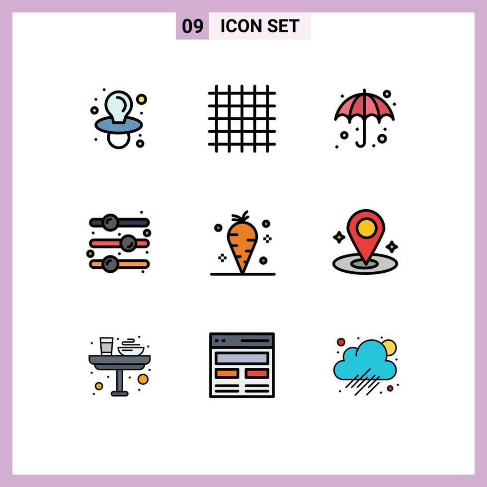 Modern Set of 9 Filledline Flat Colors Pictograph of vegetable carrot umbrella toggle switch off Editable Vector Design Elements