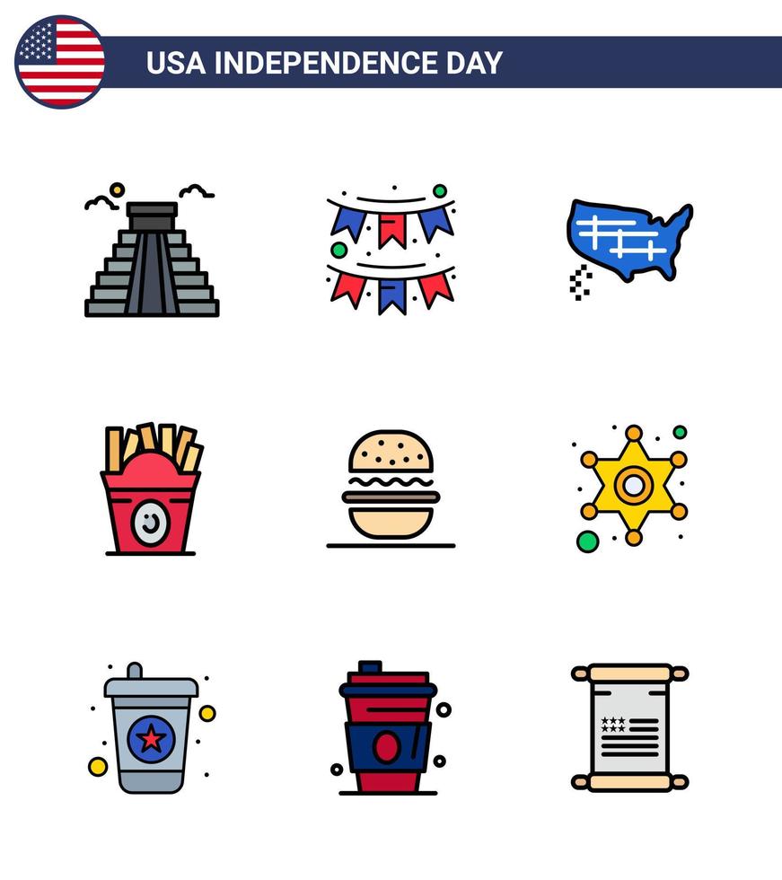 paquete de 9 líneas creativas llenas planas relacionadas con el día de la independencia de EE. UU. De guirnalda de comida de hamburguesa comida rápida de EE. vector