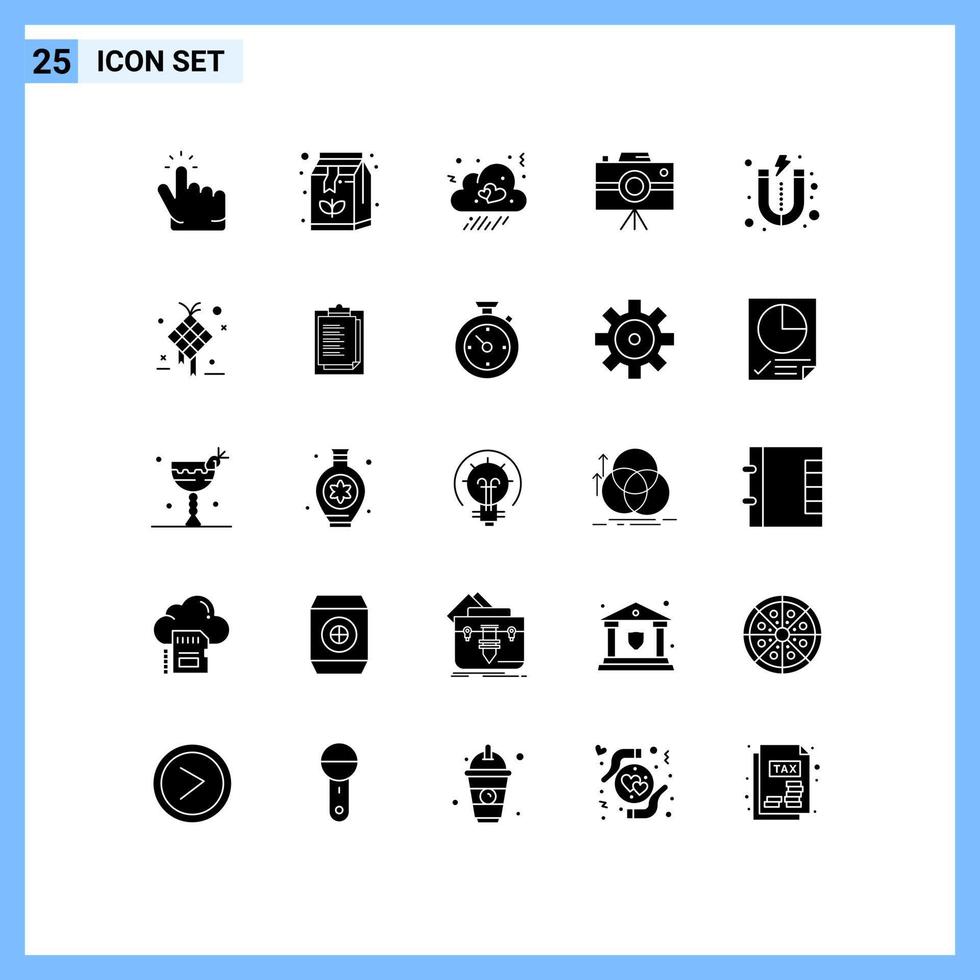 Pack of 25 creative Solid Glyphs of magnet professional camera cloud journalist camera camcorder Editable Vector Design Elements