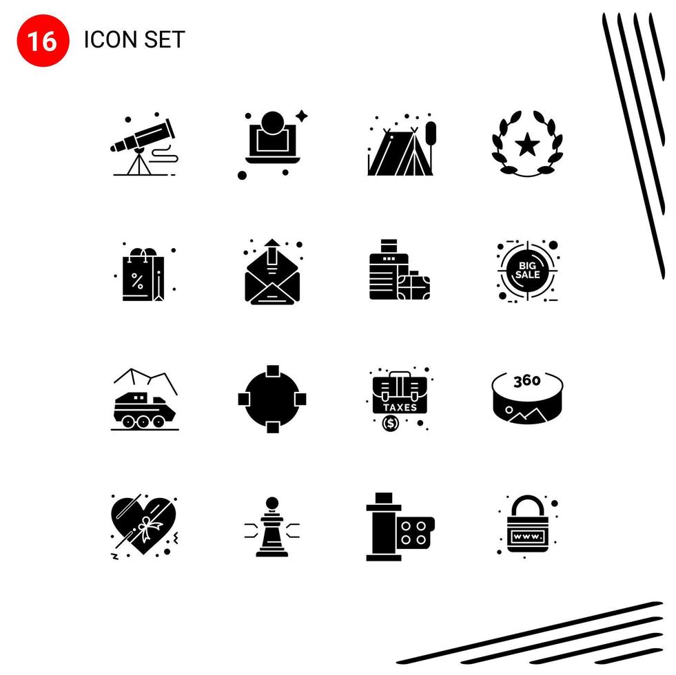 Pack of 16 creative Solid Glyphs of purchases discount camping films feature Editable Vector Design Elements