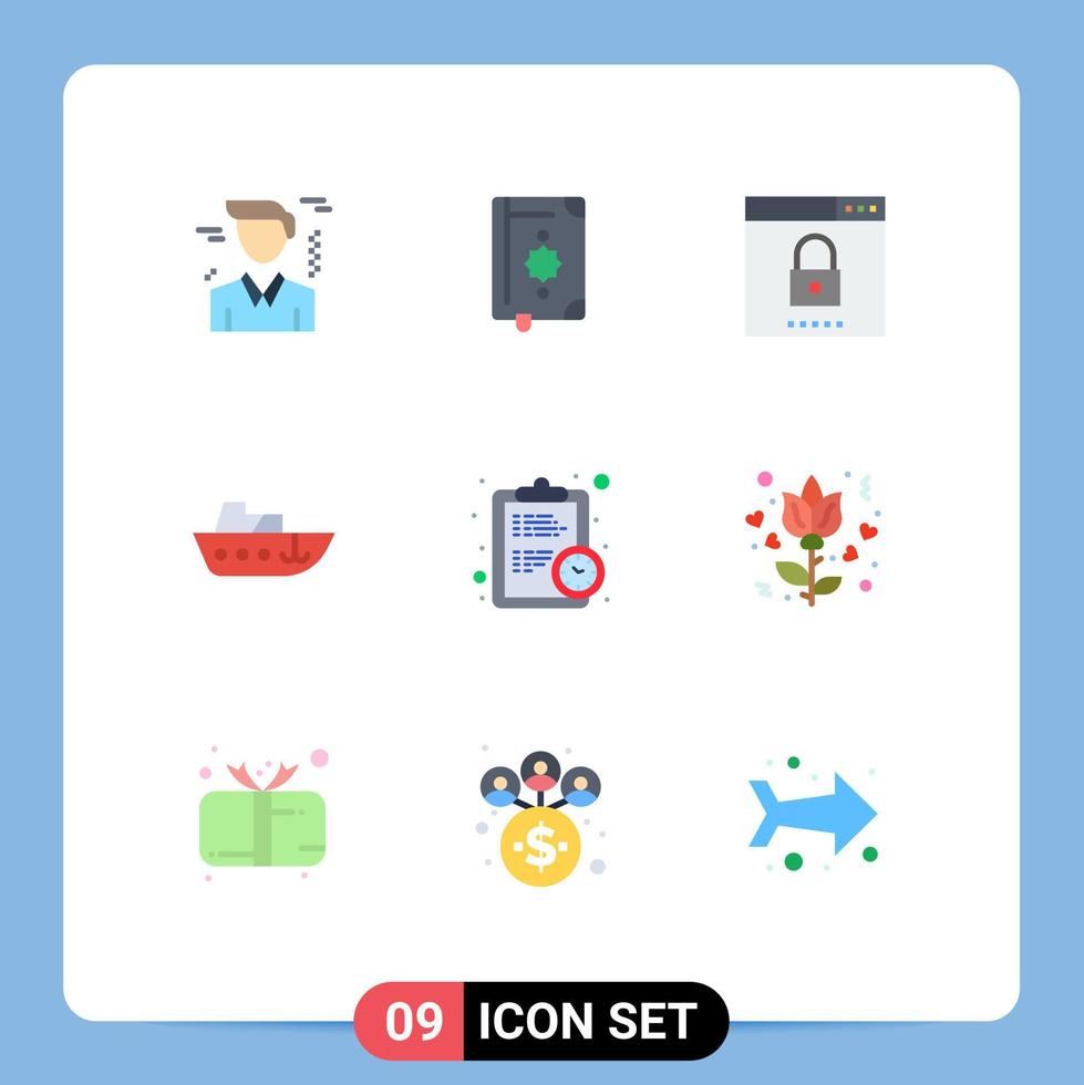Flat Color Pack of 9 Universal Symbols of clock vessel engine speed security Editable Vector Design Elements