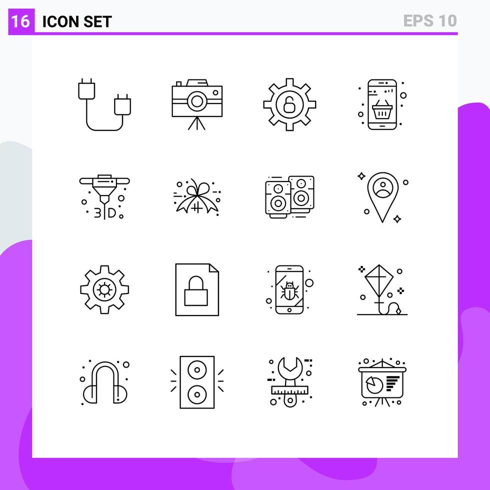 Universal Icon Symbols Group of 16 Modern Outlines of printing money professional camera cart basket Editable Vector Design Elements