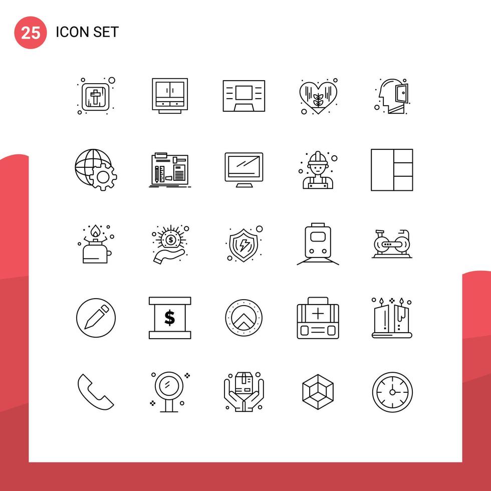 paquete de 25 líneas modernas, signos y símbolos para medios de impresión web, como elementos de diseño de vectores editables de ambiente de amor de oficina central de mente abierta