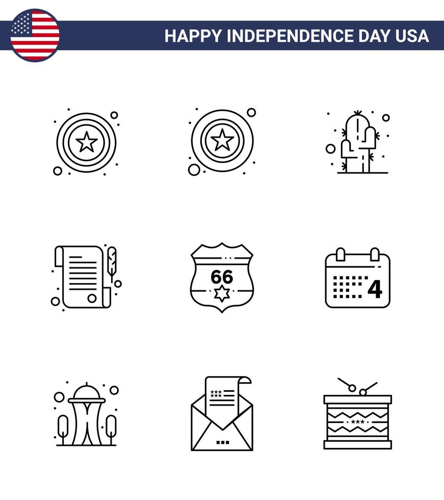 usa feliz día de la independencia pictograma conjunto de 9 líneas simples de escudo de seguridad flor recibo americano elementos de diseño vectorial del día de estados unidos editables vector