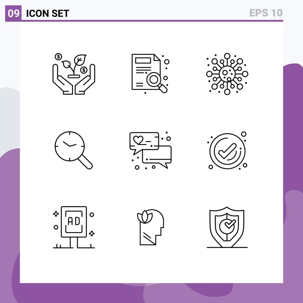 Editable Vector Line Pack of 9 Simple Outlines of contact love chat molecule clock research Editable Vector Design Elements