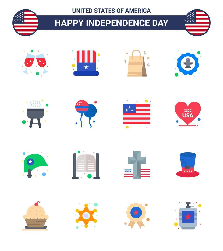 Happy Independence Day 4th July Set of 16 Flats American Pictograph of bbq badge handbag eagle bird Editable USA Day Vector Design Elements