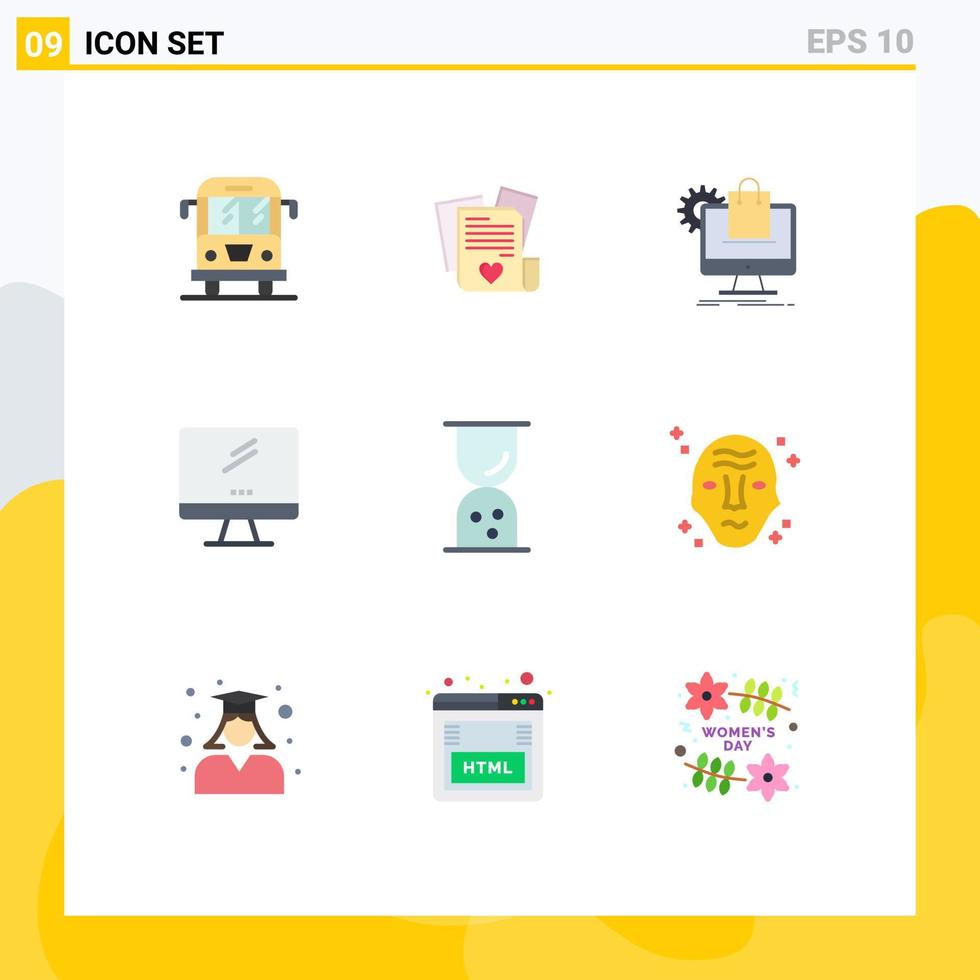 grupo de 9 signos y símbolos de colores planos para elementos de diseño vectorial editables del carro del monitor de compras del dispositivo de PC vector