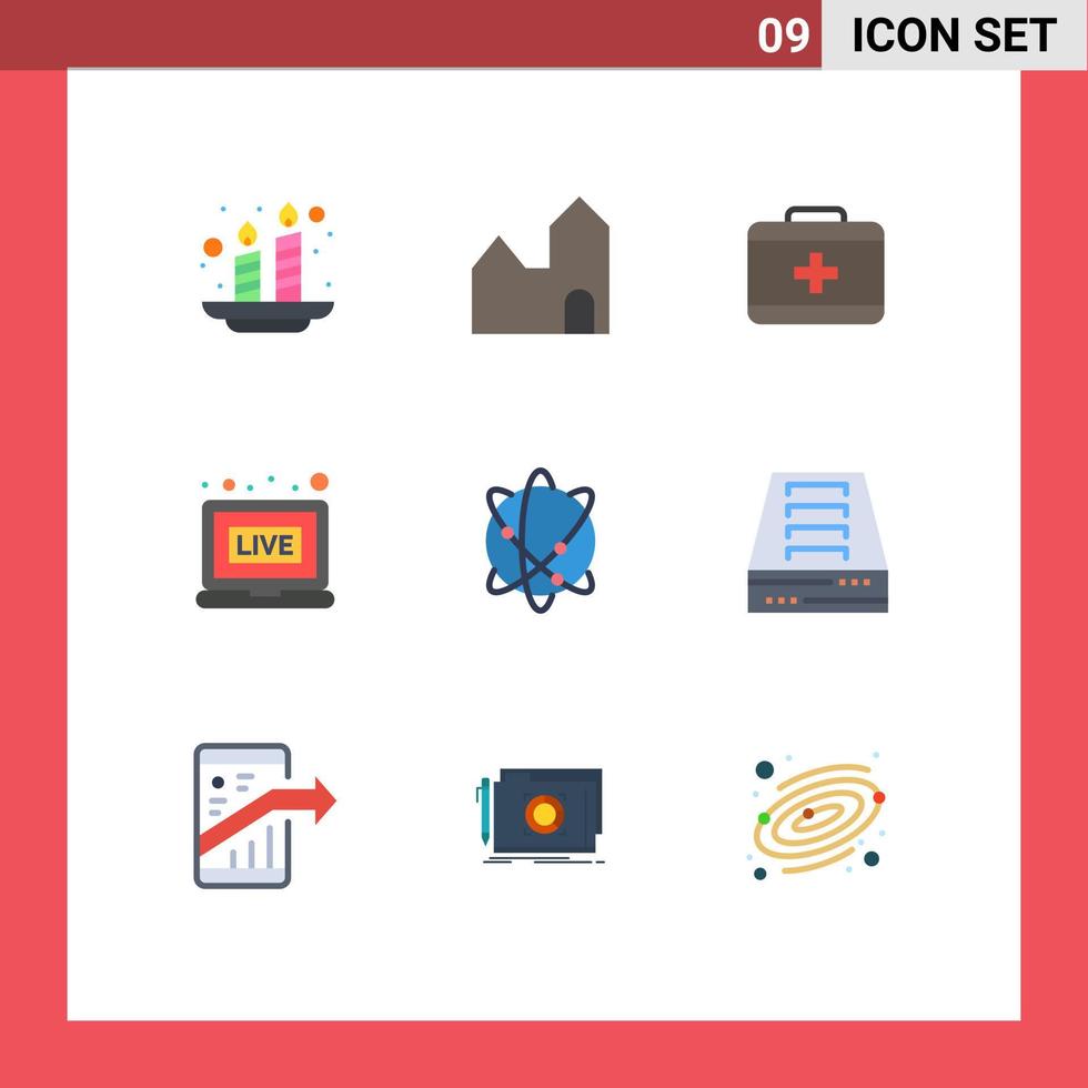 Flat Color Pack of 9 Universal Symbols of world globe bag computing live Editable Vector Design Elements