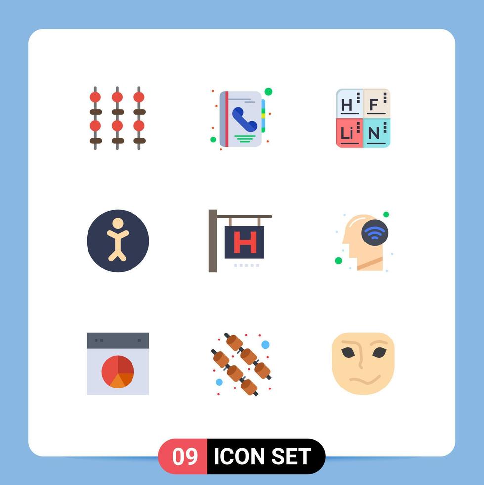 Pack of 9 Modern Flat Colors Signs and Symbols for Web Print Media such as vacation hotel sign periodic person accessibility Editable Vector Design Elements