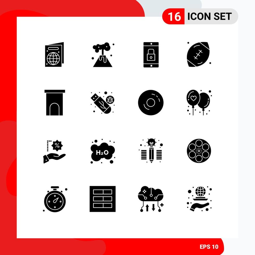 User Interface Pack of 16 Basic Solid Glyphs of estate rugby lock application game ball Editable Vector Design Elements