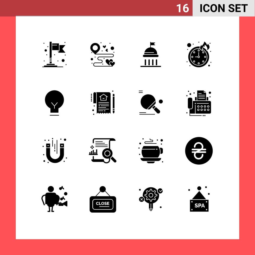 16 Universal Solid Glyph Signs Symbols of basic light campaign timepiece deadline Editable Vector Design Elements
