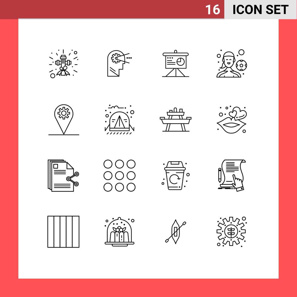 Universal Icon Symbols Group of 16 Modern Outlines of location playing football presentation outdoor game female player Editable Vector Design Elements