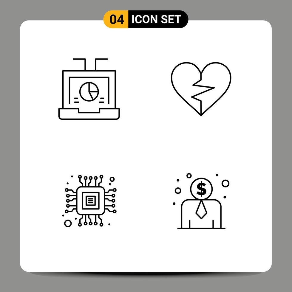 Set of 4 Vector Filledline Flat Colors on Grid for business broken report love computer Editable Vector Design Elements