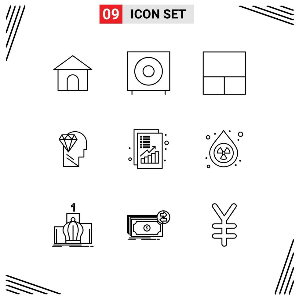 Mobile Interface Outline Set of 9 Pictograms of increase analysis subwoofer head perfection Editable Vector Design Elements