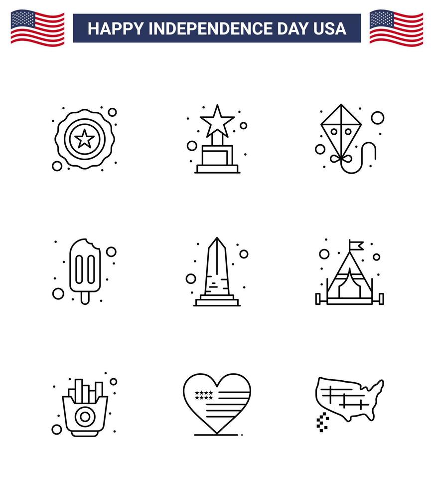 Set of 9 Modern Lines pack on USA Independence Day camp usa flying sight landmark Editable USA Day Vector Design Elements