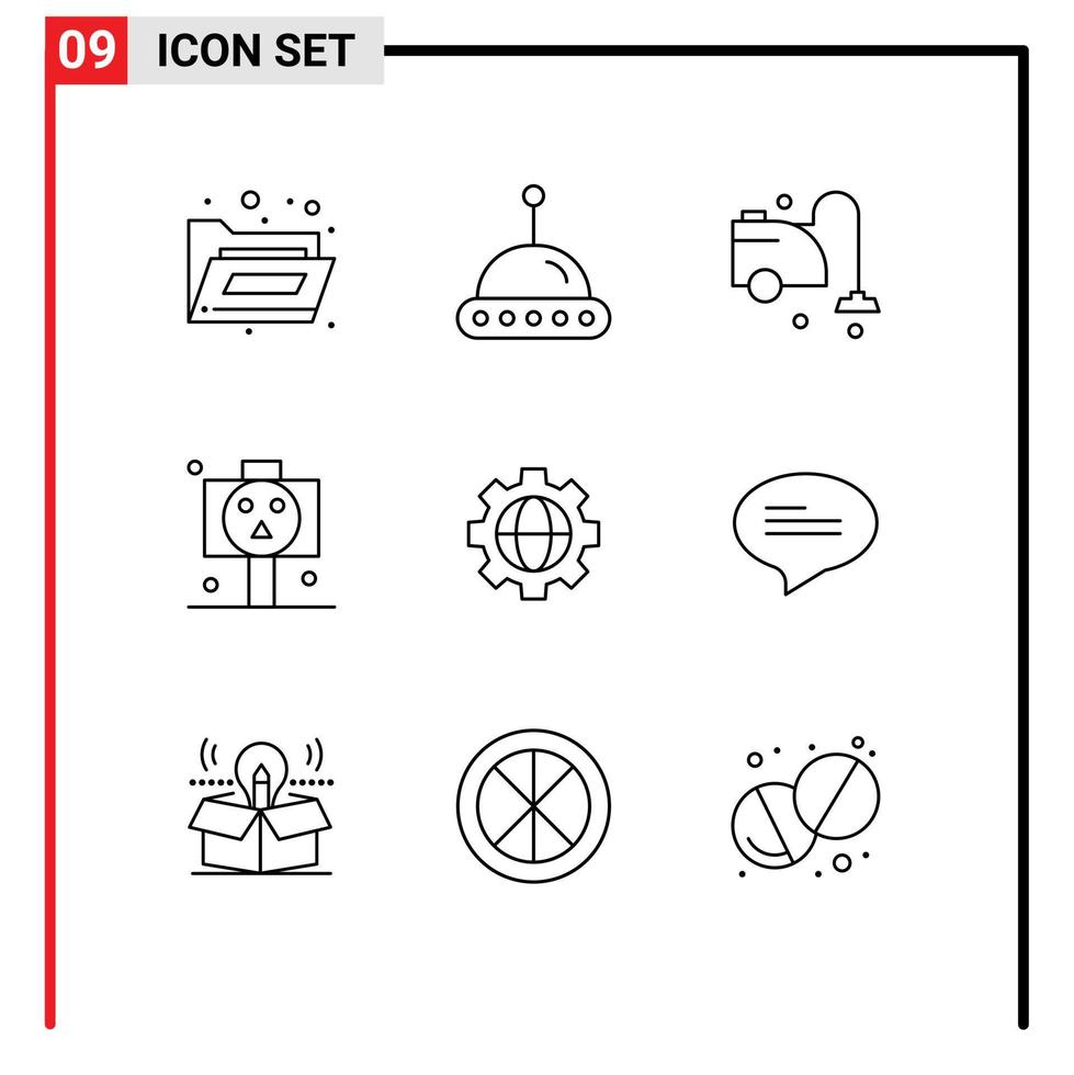 Mobile Interface Outline Set of 9 Pictograms of chat setting cleaning gear horror Editable Vector Design Elements