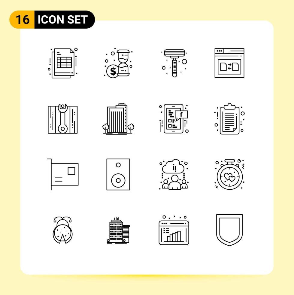 Mobile Interface Outline Set of 16 Pictograms of repair wrench shaver share web Editable Vector Design Elements