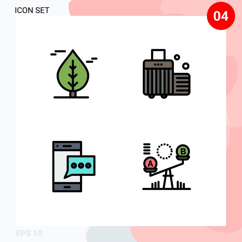 Modern Set of 4 Filledline Flat Colors Pictograph of leaf mobile bag luggage smart phone Editable Vector Design Elements