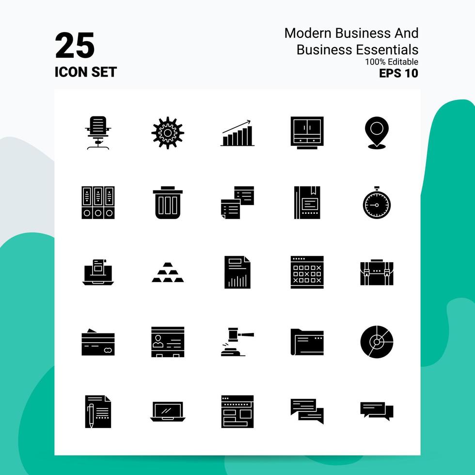 25 Modern Business and business essentials Icon Set 100 Editable EPS 10 Files Business Logo Concept Ideas Solid Glyph icon design vector