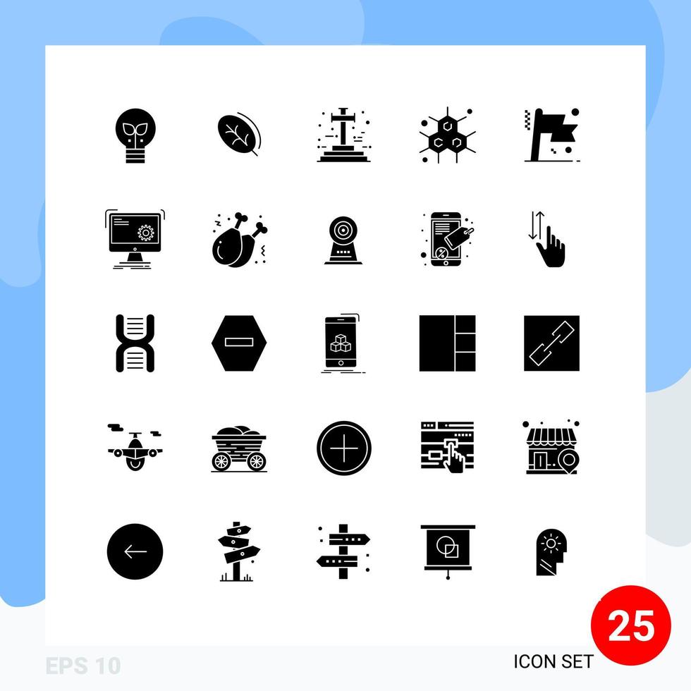 25 Universal Solid Glyph Signs Symbols of flag achievement cross science chemist Editable Vector Design Elements