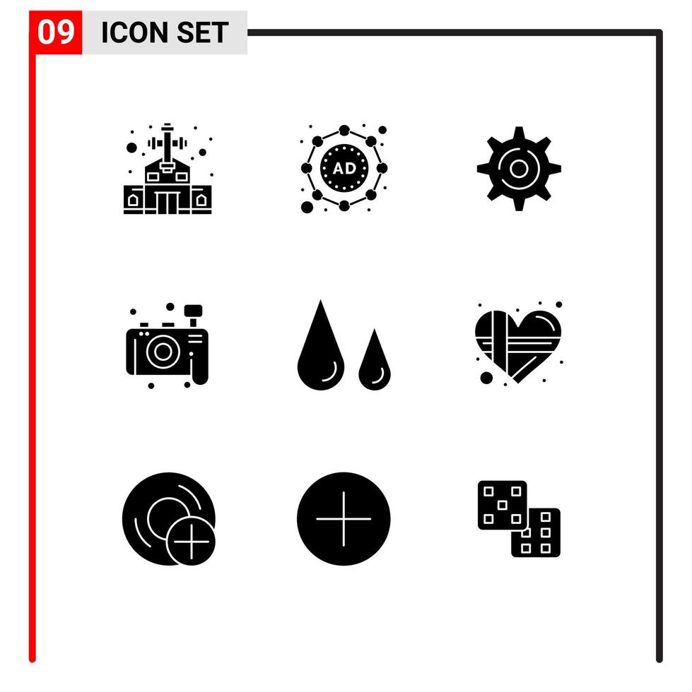 User Interface Pack of 9 Basic Solid Glyphs of present lab gear blood photography Editable Vector Design Elements