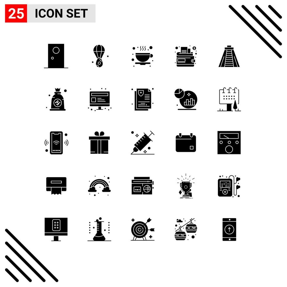Set of 25 Vector Solid Glyphs on Grid for monument chichen itza easter wallet cash Editable Vector Design Elements