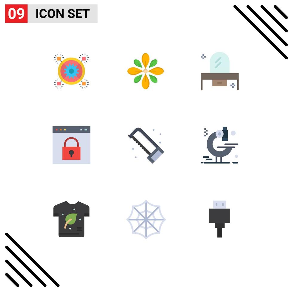 Mobile Interface Flat Color Set of 9 Pictograms of interface mirror diwali dresser bedroom Editable Vector Design Elements