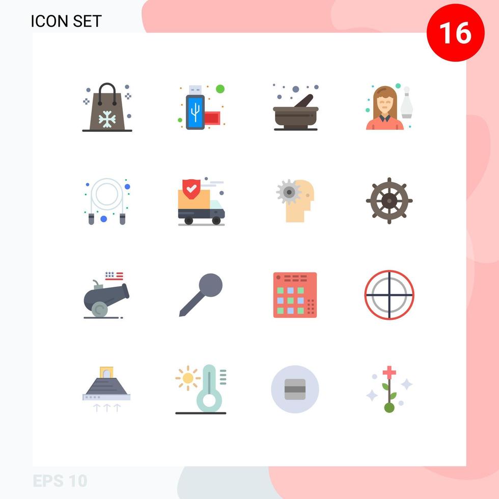 Modern Set of 16 Flat Colors Pictograph of jump leisure cooking indoor bowling Editable Pack of Creative Vector Design Elements