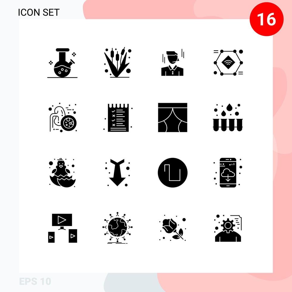 Editable Vector Line Pack of 16 Simple Solid Glyphs of lungs disease smart camera businessman record internet of things Editable Vector Design Elements