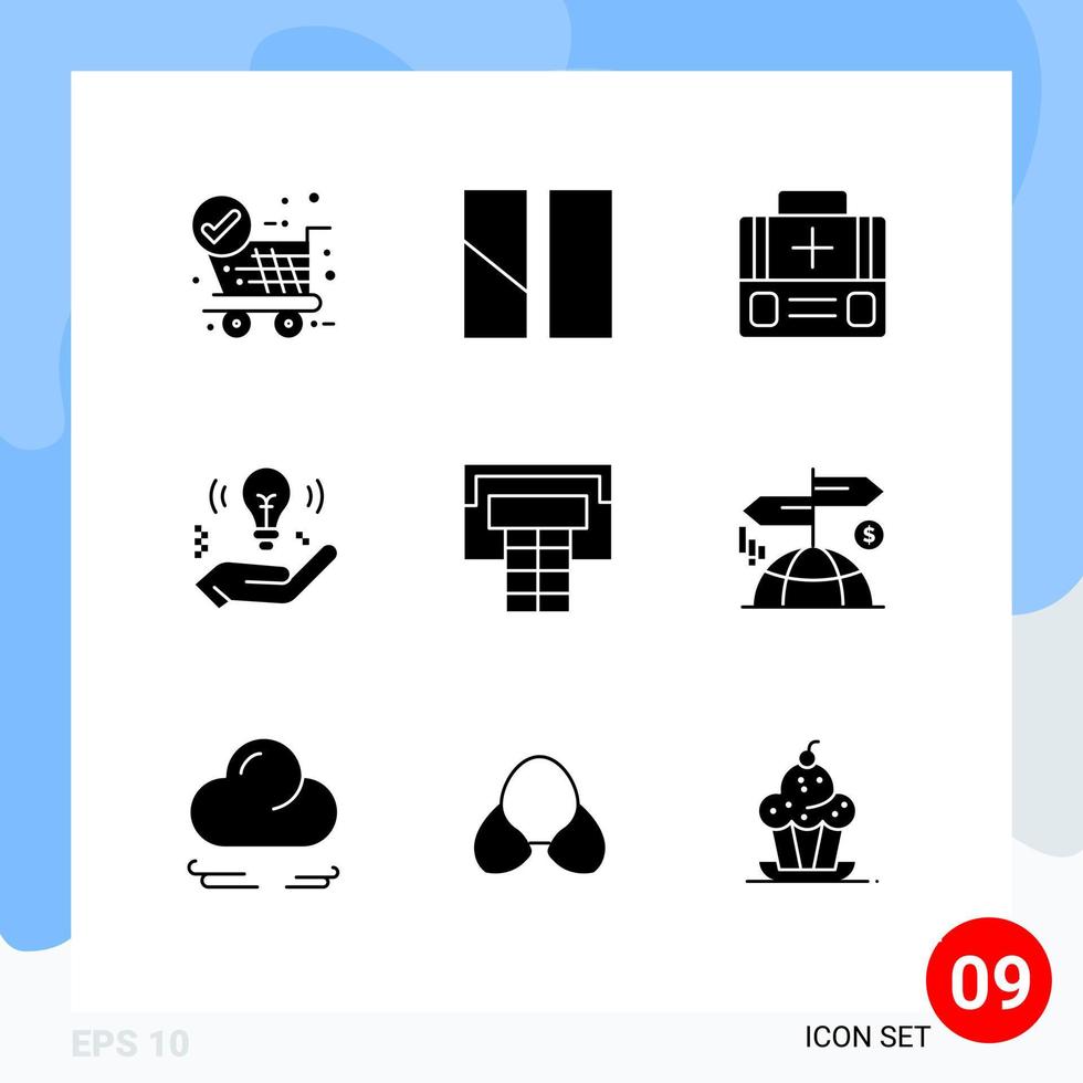 Pack of 9 Modern Solid Glyphs Signs and Symbols for Web Print Media such as sport bulb briefcase safe business Editable Vector Design Elements