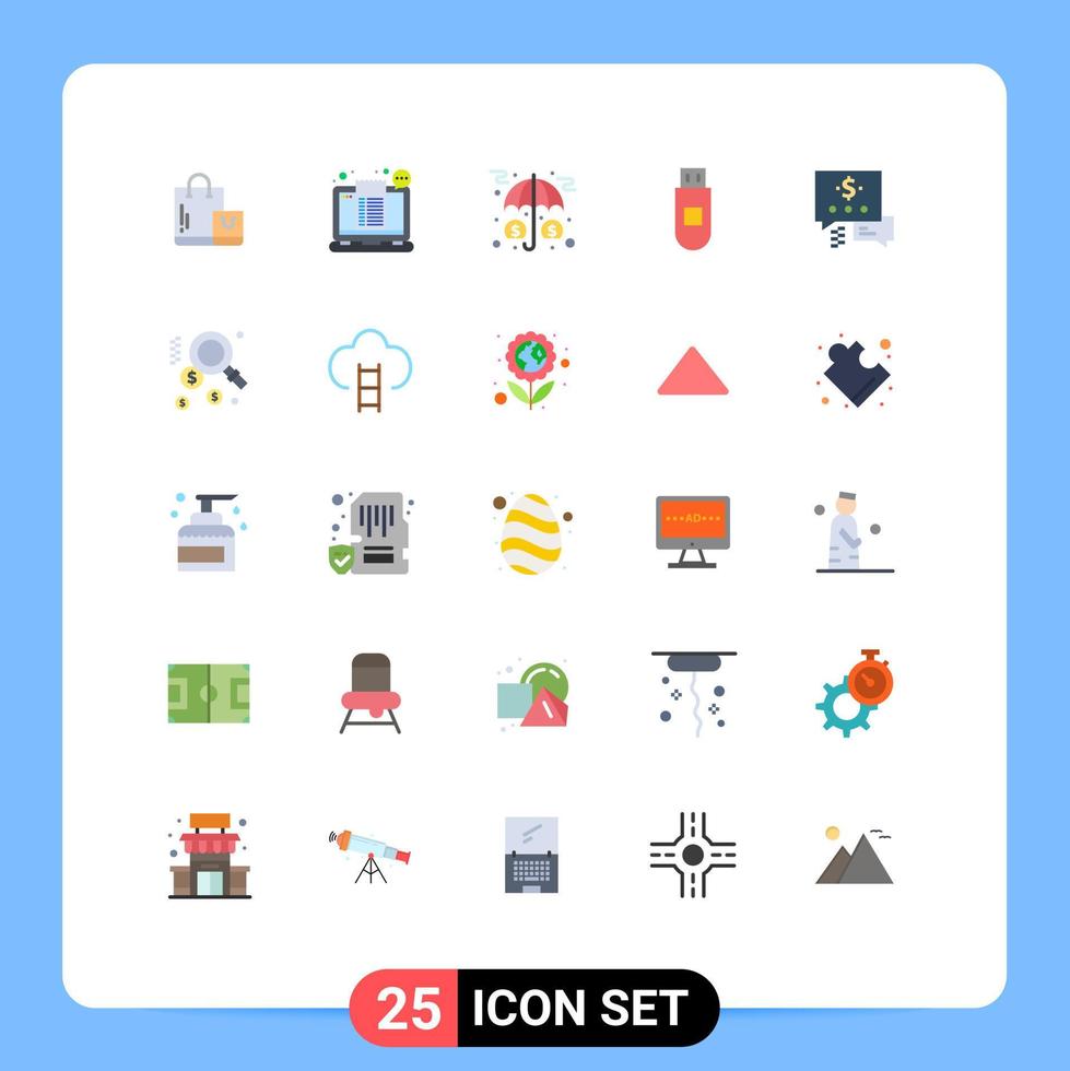 Pack of 25 Modern Flat Colors Signs and Symbols for Web Print Media such as chat storage ticket usb money Editable Vector Design Elements