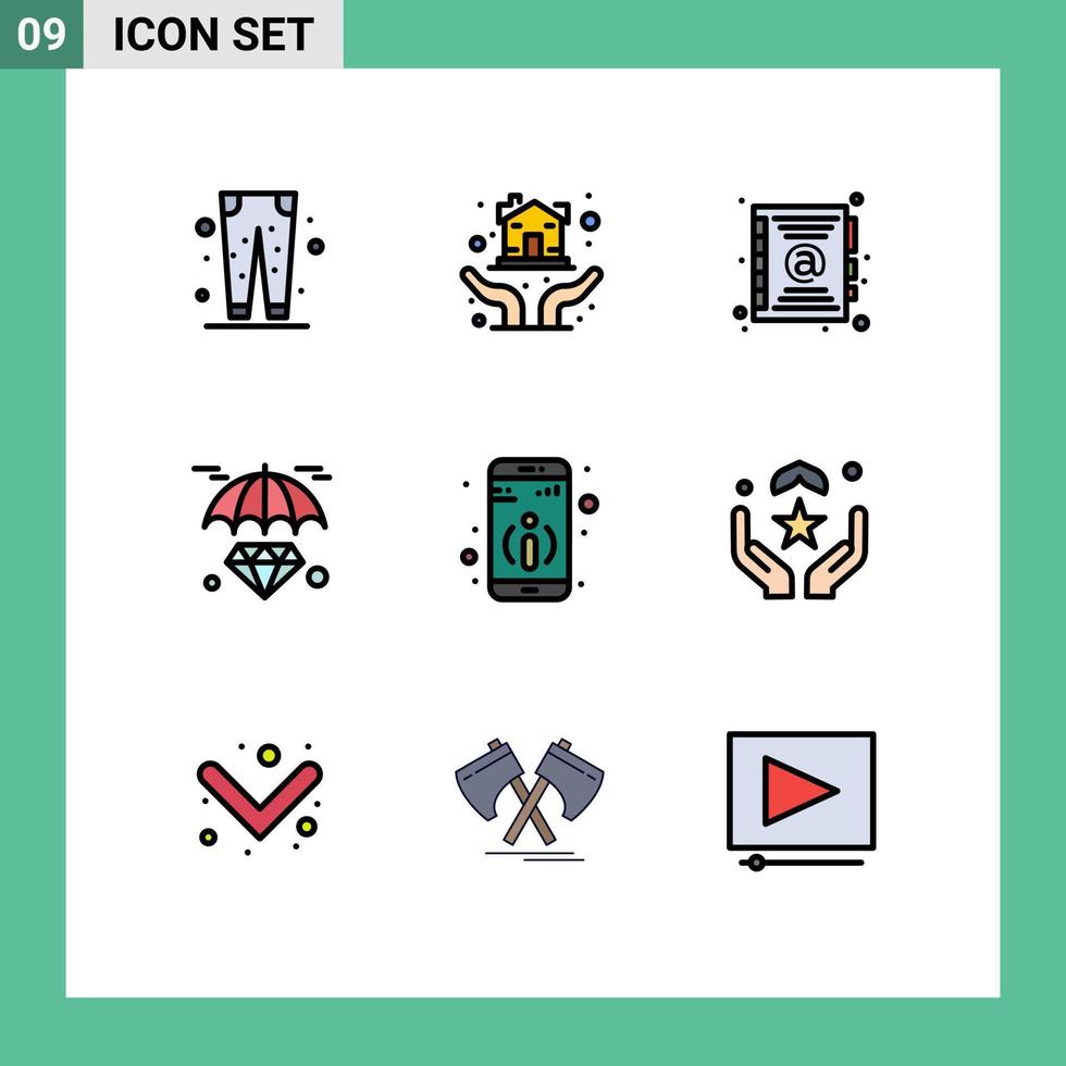 9 User Interface Filledline Flat Color Pack of modern Signs and Symbols of information invest protection hands insurance diamond Editable Vector Design Elements