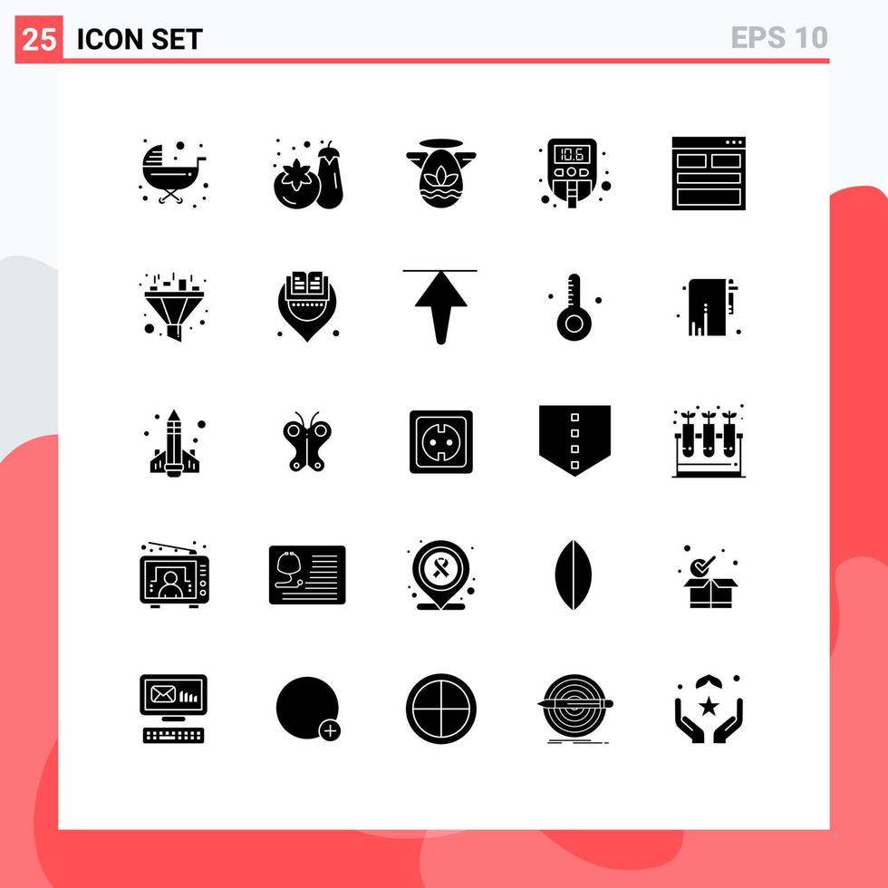 Group of 25 Modern Solid Glyphs Set for contact test angle sugar level Editable Vector Design Elements