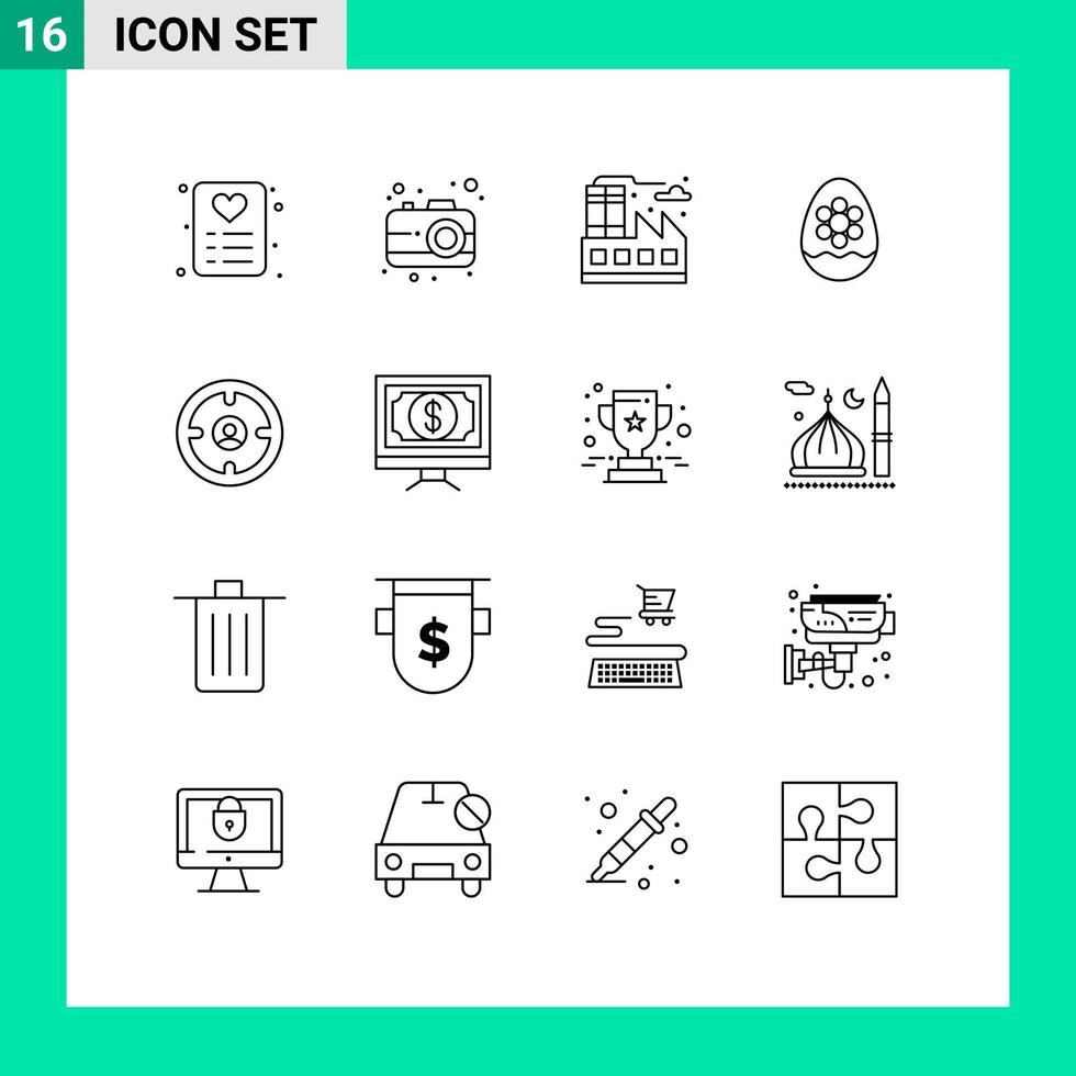 Group of 16 Outlines Signs and Symbols for head finance factory business flower Editable Vector Design Elements