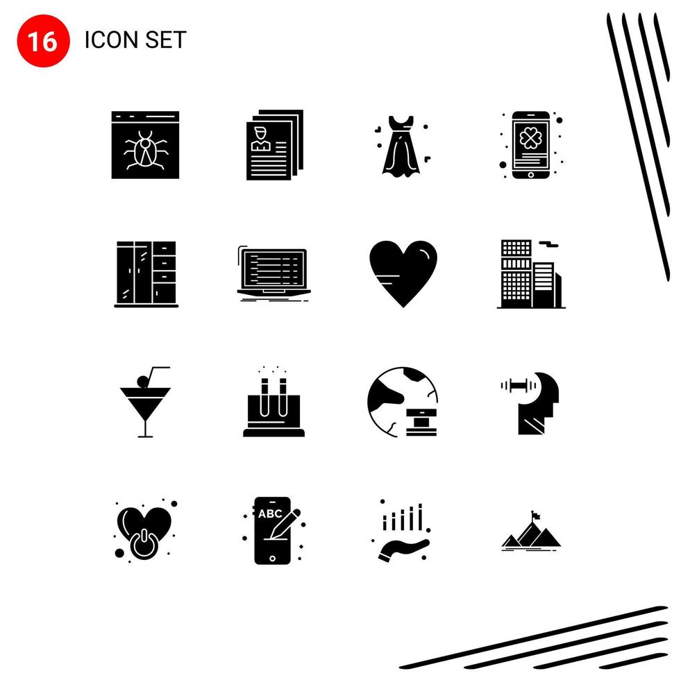 Pack of 16 Modern Solid Glyphs Signs and Symbols for Web Print Media such as saint mobile files cell phone wedding dress Editable Vector Design Elements