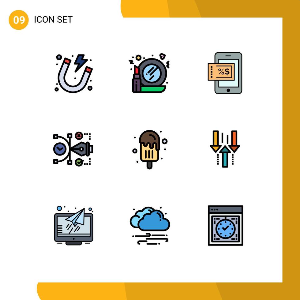 grupo de 9 colores planos de línea de llenado modernos establecidos para elementos de diseño de vector editable de vector digital móvil editable de helado