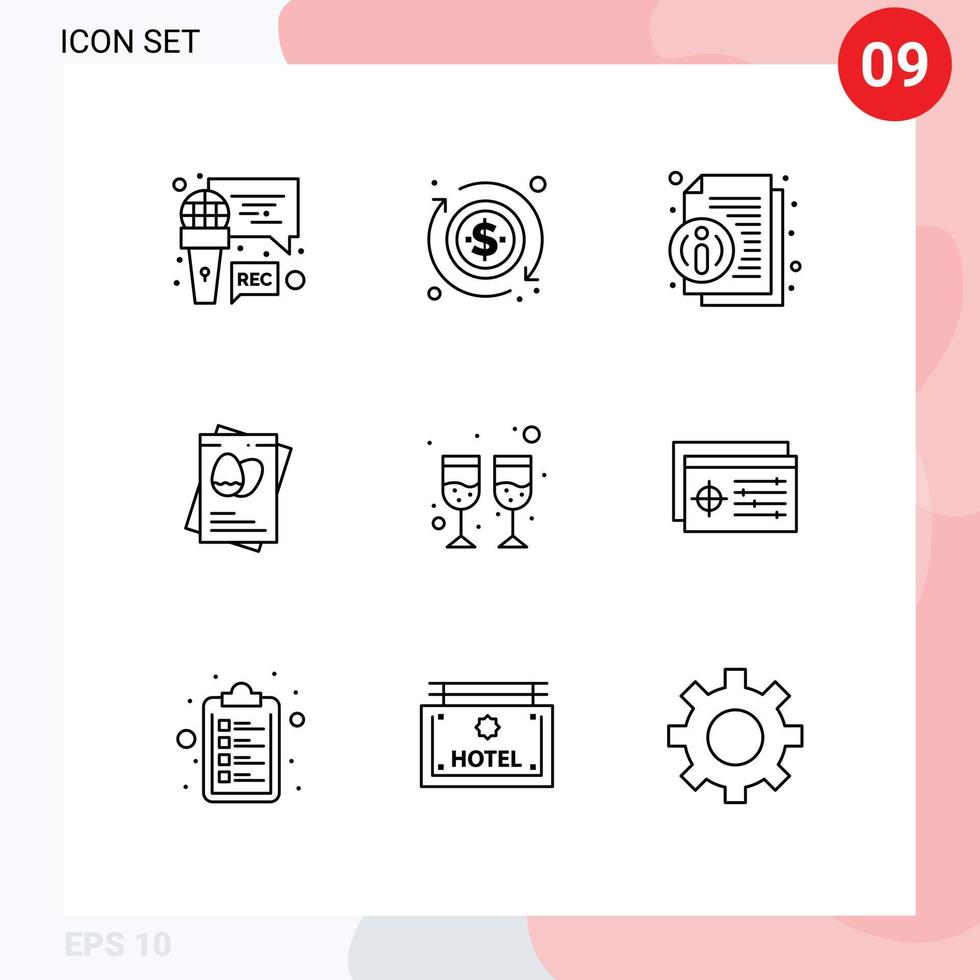 Editable Vector Line Pack of 9 Simple Outlines of wine drink info easter egg Editable Vector Design Elements