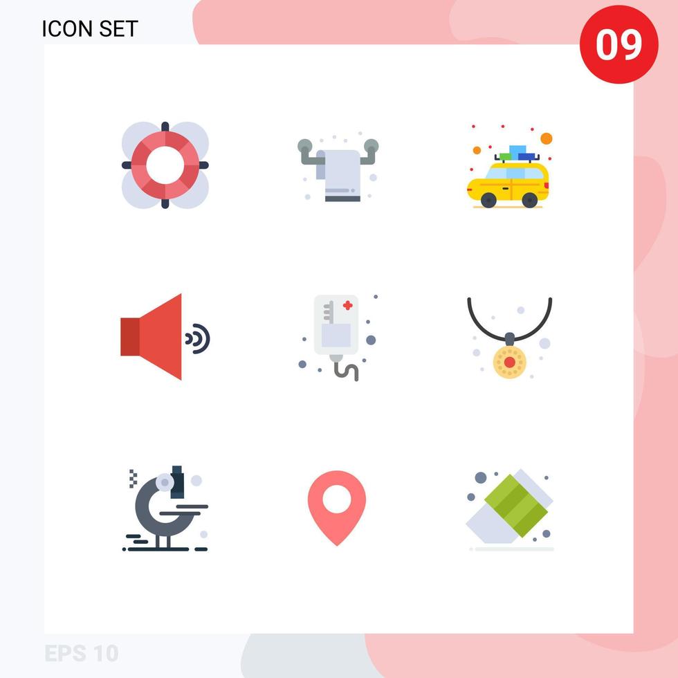 paquete de 9 signos y símbolos de colores planos modernos para medios de impresión web, como elementos de diseño de vectores editables de bus de altavoz de toalla de volumen de infusión
