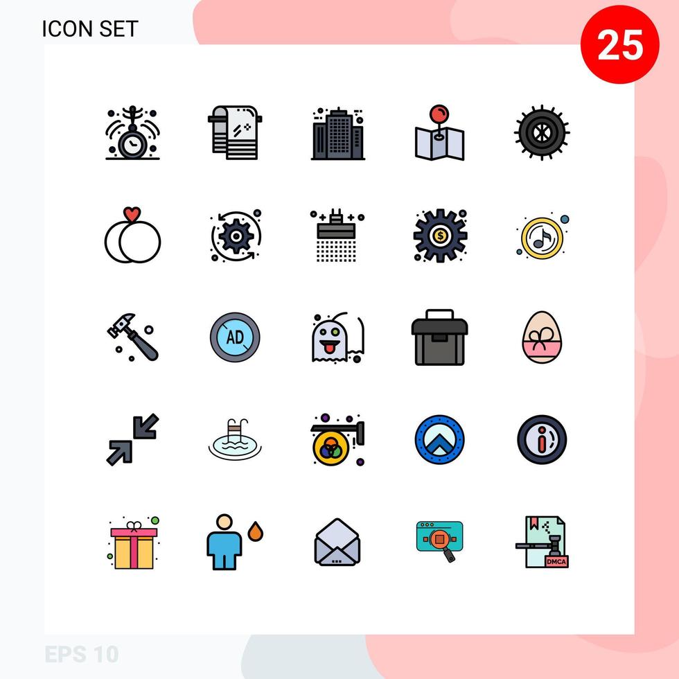Group of 25 Modern Filled line Flat Colors Set for wheel studded architect pin construction Editable Vector Design Elements