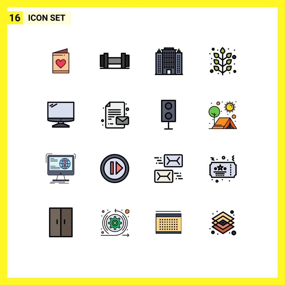 16 Thematic Vector Flat Color Filled Lines and Editable Symbols of imac monitor building computer leaf Editable Creative Vector Design Elements