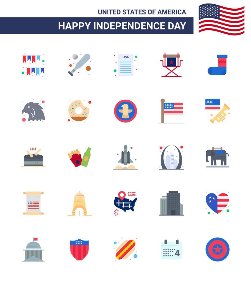 Set of 25 Vector Flats on 4th July USA Independence Day such as christmas television declaration star director Editable USA Day Vector Design Elements