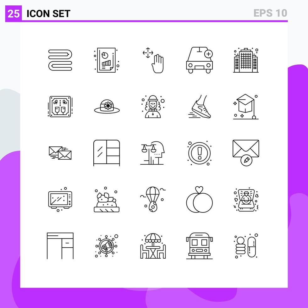 Set of 25 Modern UI Icons Symbols Signs for estate vehicles hand cursor plus car Editable Vector Design Elements