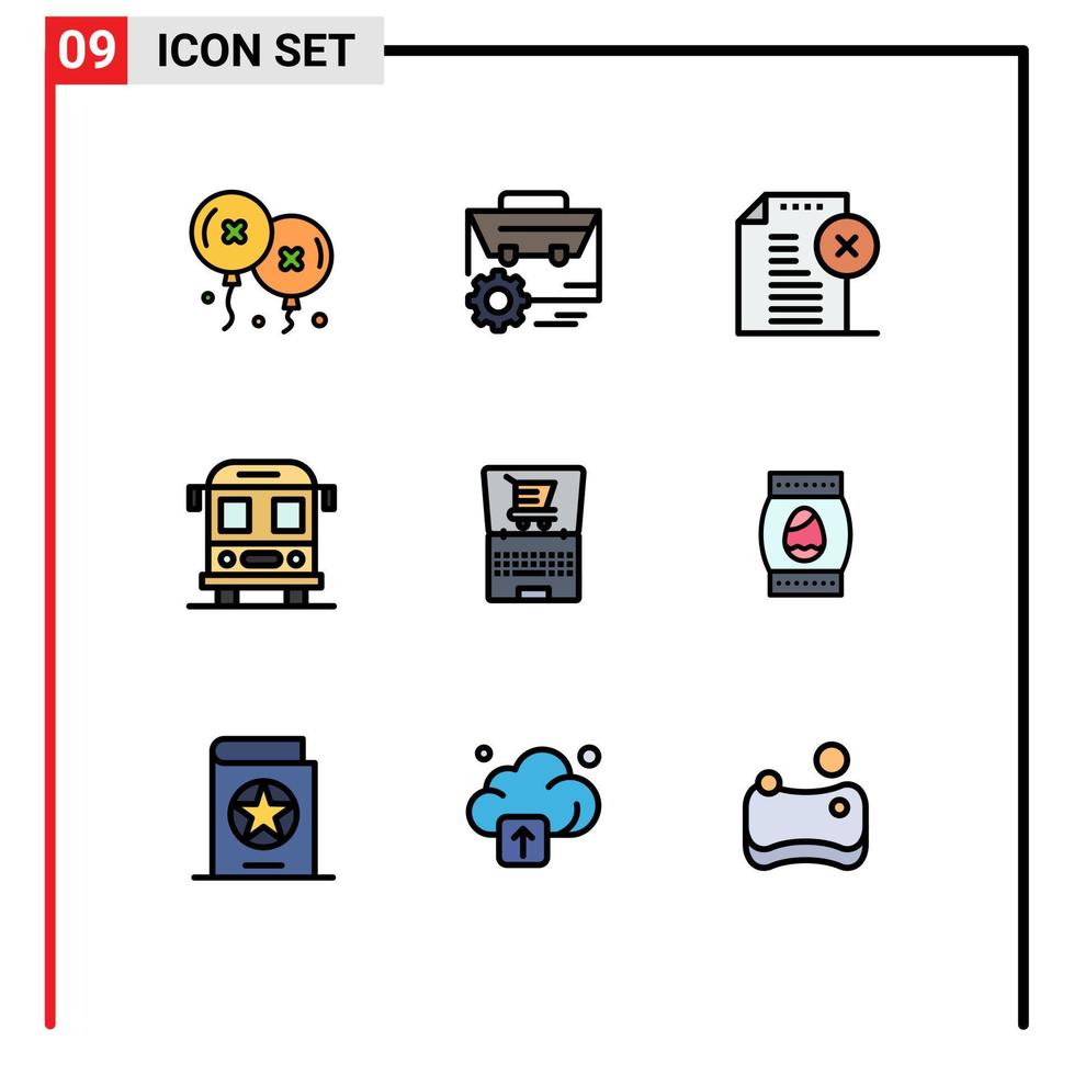 paquete de 9 signos y símbolos modernos de colores planos de línea rellena para medios de impresión web, como elementos de diseño de vectores editables de documentos de autobús de fabricación escolar en línea