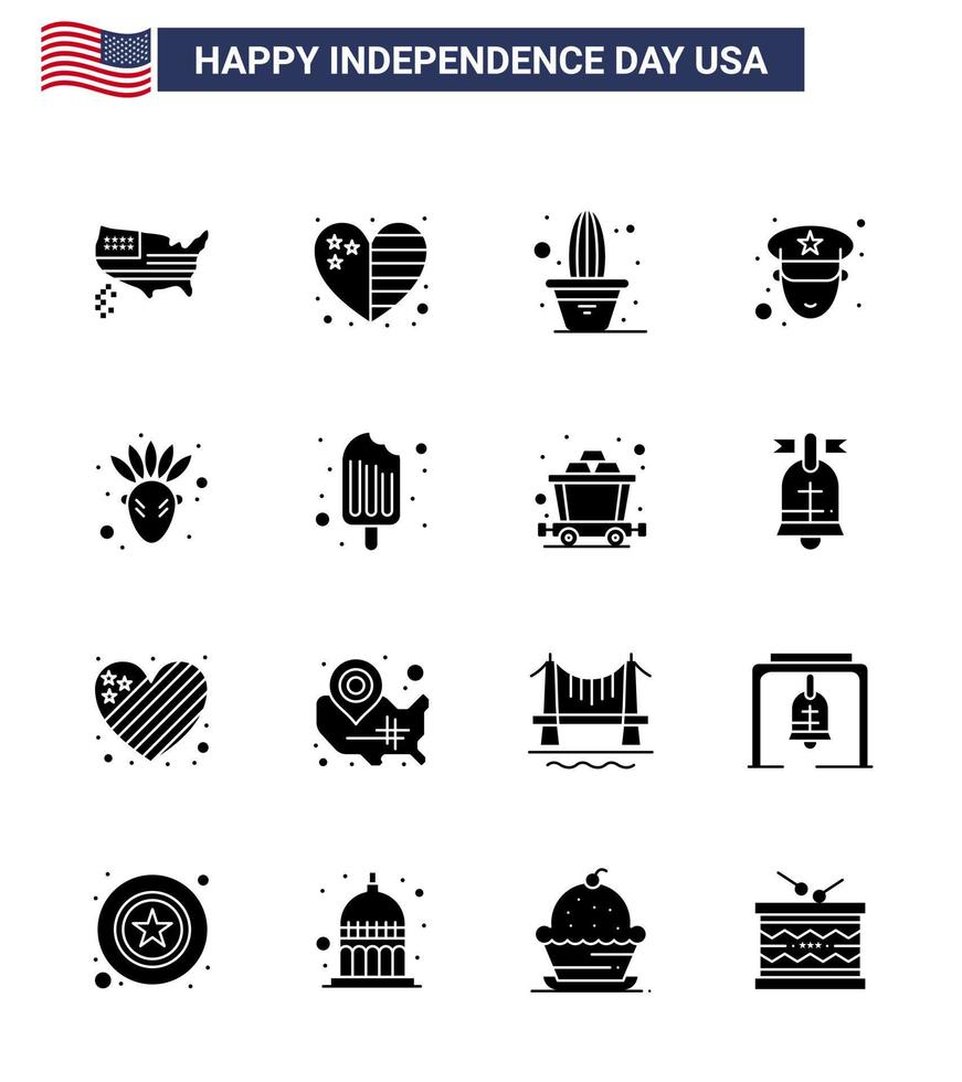 Set of 16 Modern Solid Glyphs pack on USA Independence Day thanksgiving american cactus police man Editable USA Day Vector Design Elements