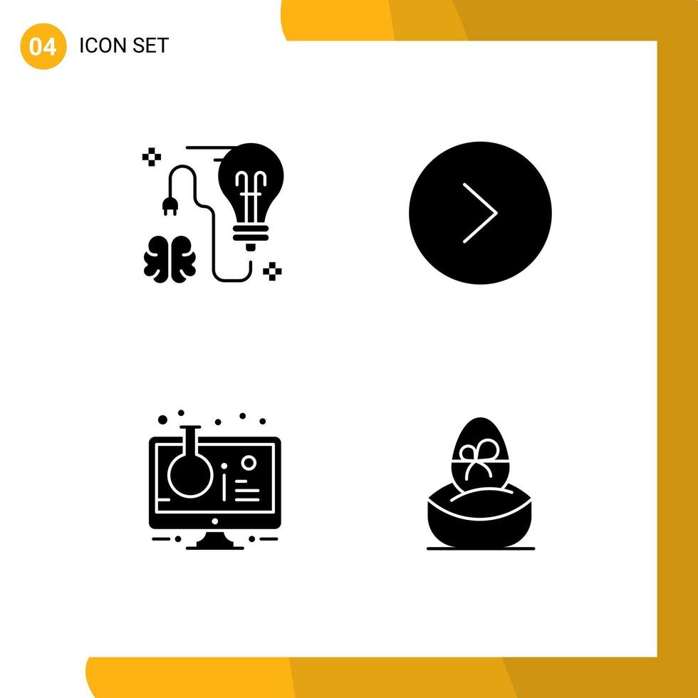 Mobile Interface Solid Glyph Set of 4 Pictograms of brain online experiment bulb circle sample tube Editable Vector Design Elements