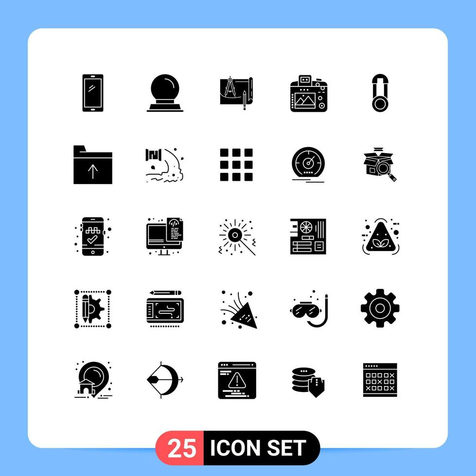 Mobile Interface Solid Glyph Set of 25 Pictograms of hobby image blueprint camera paper Editable Vector Design Elements