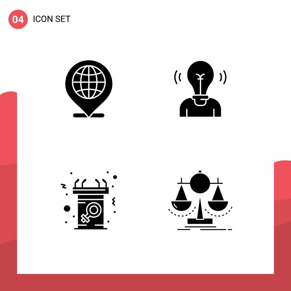 Universal Icon Symbols Group of 4 Modern Solid Glyphs of global announcement location user female Editable Vector Design Elements