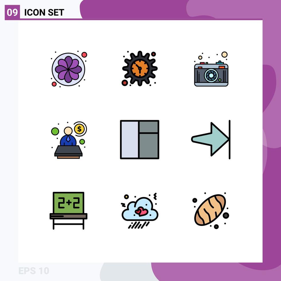 Pictogram Set of 9 Simple Filledline Flat Colors of arrow grid camera specialist account Editable Vector Design Elements