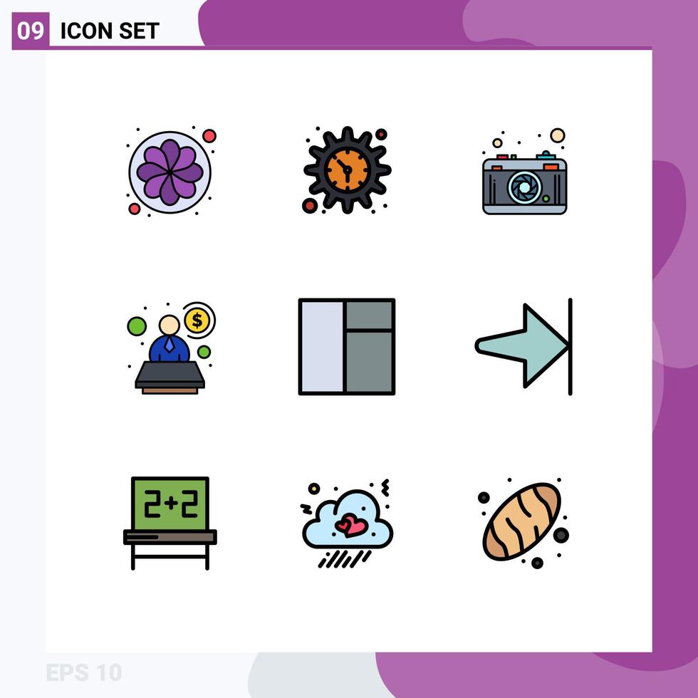 conjunto de pictogramas de 9 colores planos de línea de llenado simple de elementos de diseño de vector editables de cuenta de especialista de cámara de rejilla de flecha